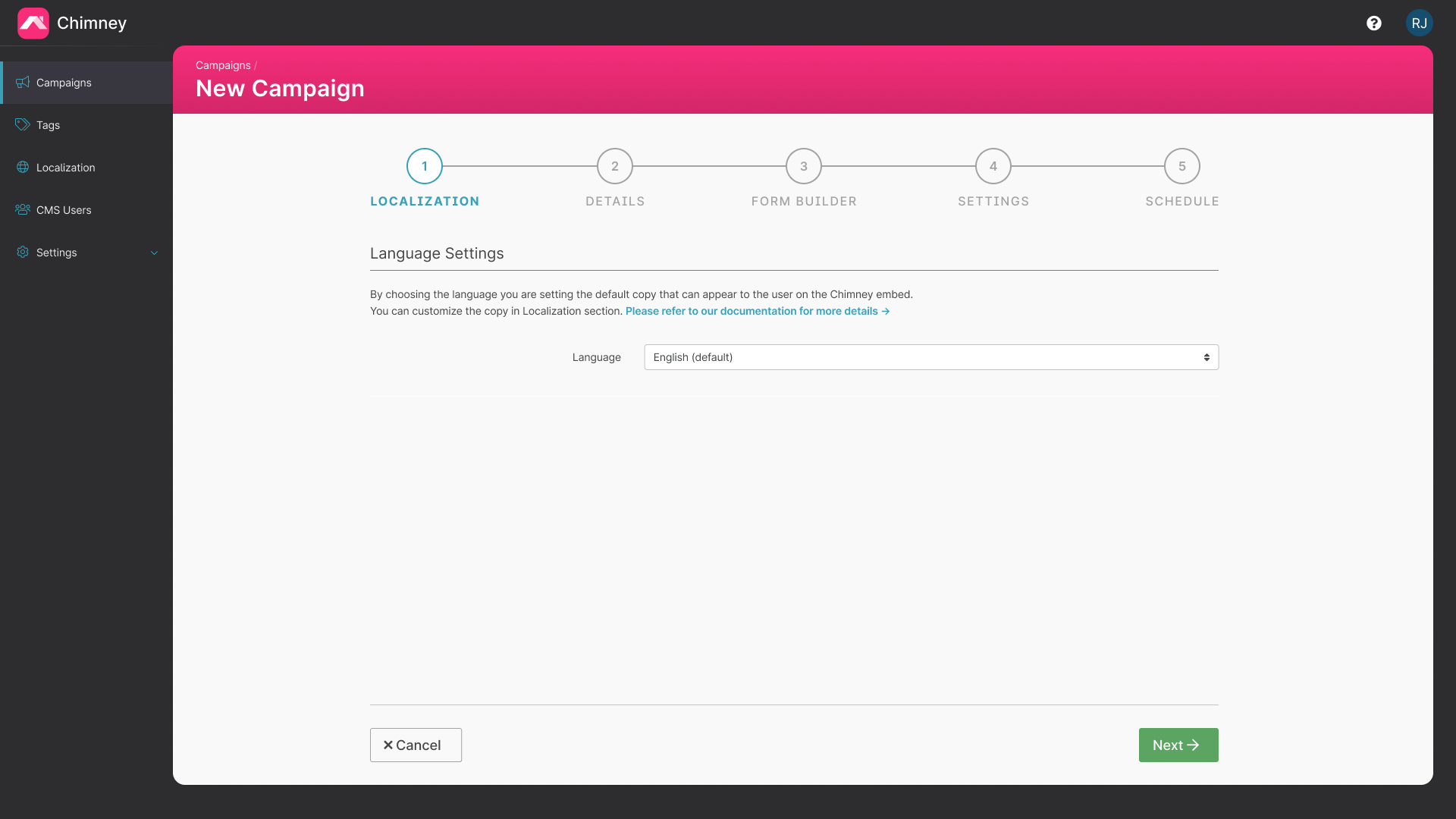 Localization: step one of the Chimney campaign wizard.