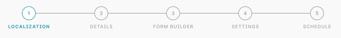 The five steps of creating a Chimney campaign: 1. Localization, 2. Details, 3. Form Builder, 4. Settings, 5. Schedule