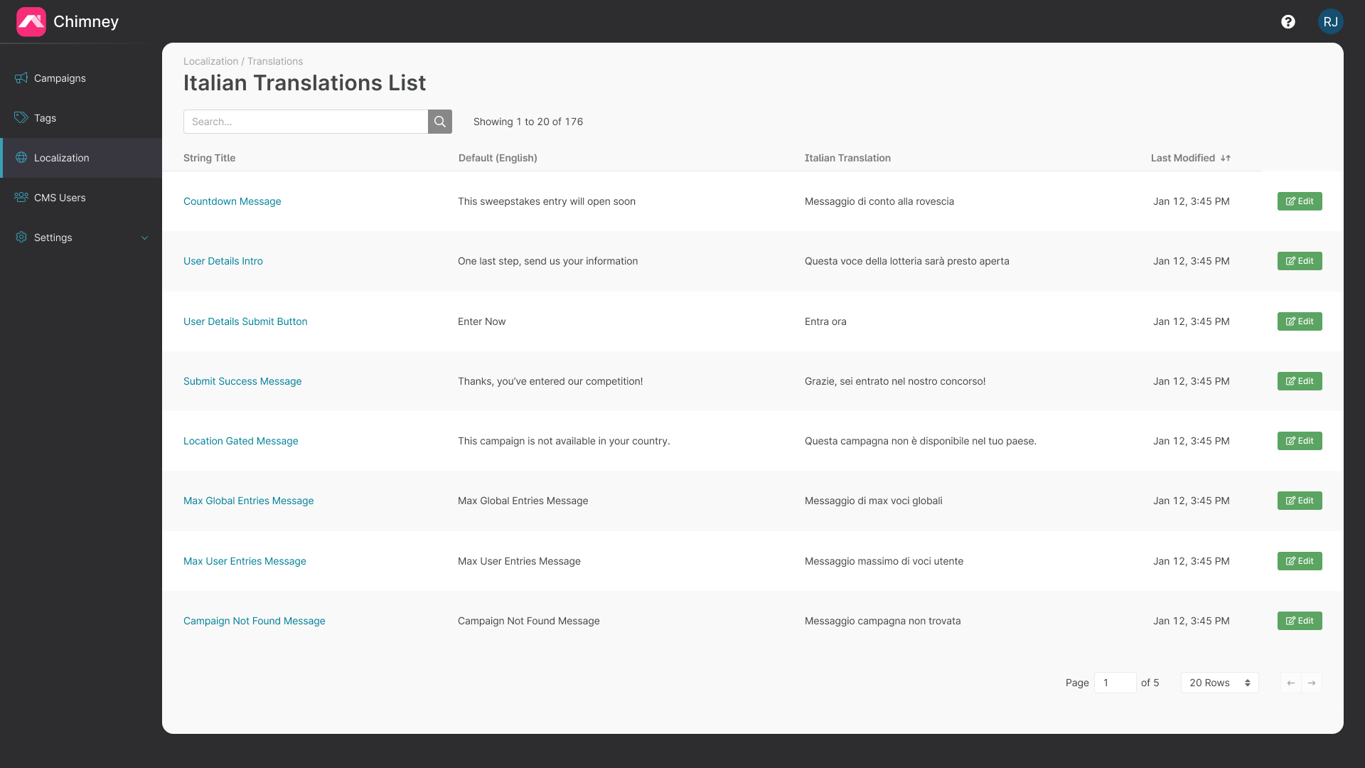 A list of Italian translations in the Chimney CMS.