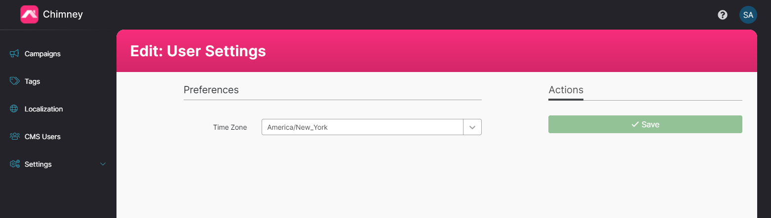 Chimney User Settings form.