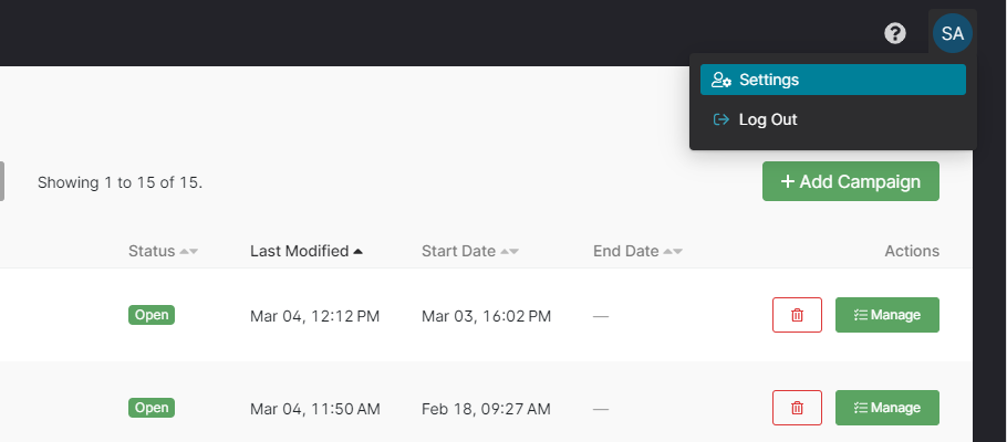 User Settings link in top-right drop down menu.